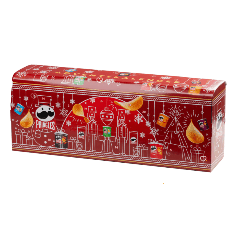 Calendrier de l’Avent Pringles 2025 rouge en forme de bus festif, avec 23 mini-boîtes et 1 grande boîte variée pour gourmand de chips et de snacks salés.