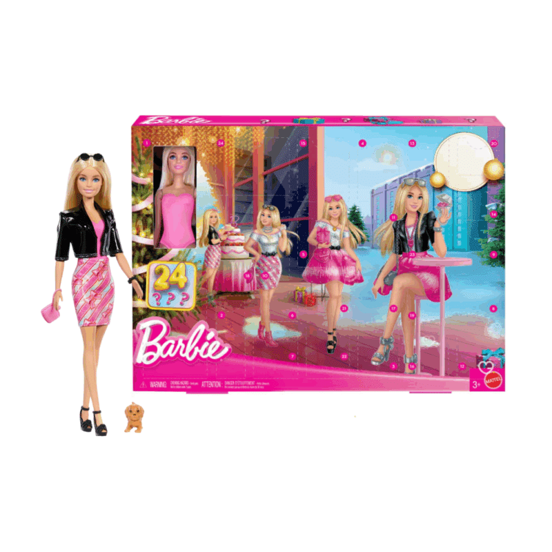 Calendrier de l’Avent Barbie 2025 avec poupée, chiot et 24 surprises mode scintillantes, parfait pour fillettes créatives avant Noël.