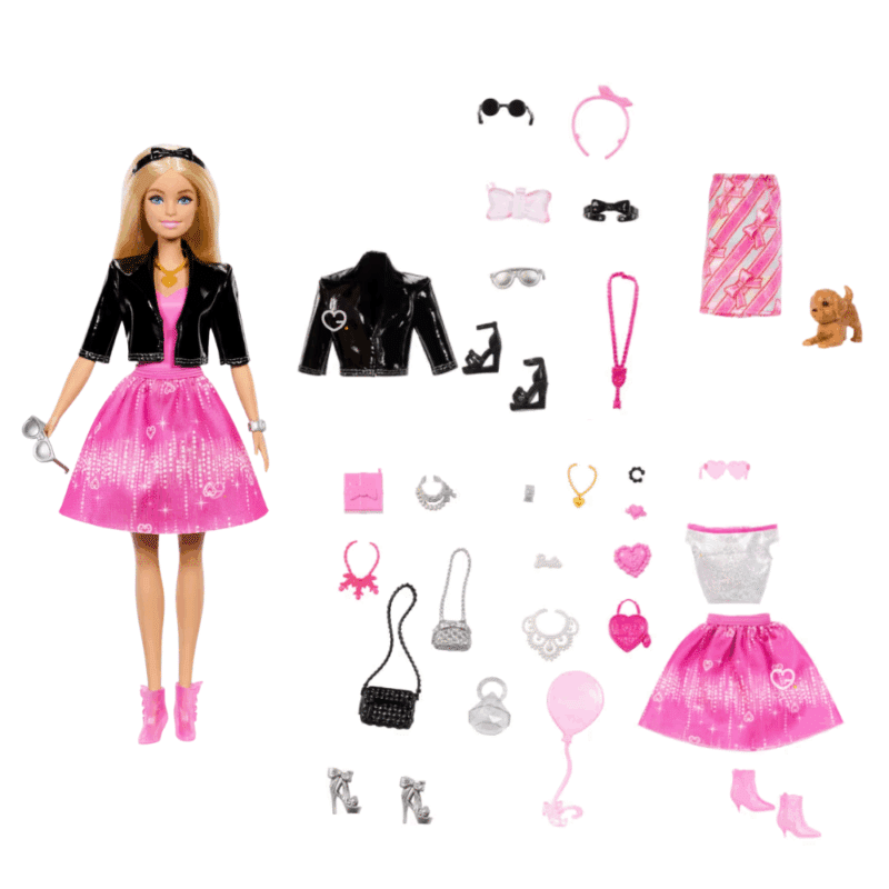 Calendrier de l’Avent Barbie 2025 avec poupée, chiot et 24 surprises mode scintillantes, parfait pour fillettes créatives avant Noël.