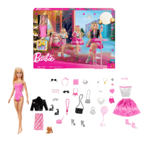 Calendrier de l’Avent Barbie 2025 avec poupée, chiot et 24 surprises mode scintillantes, parfait pour fillettes créatives avant Noël.