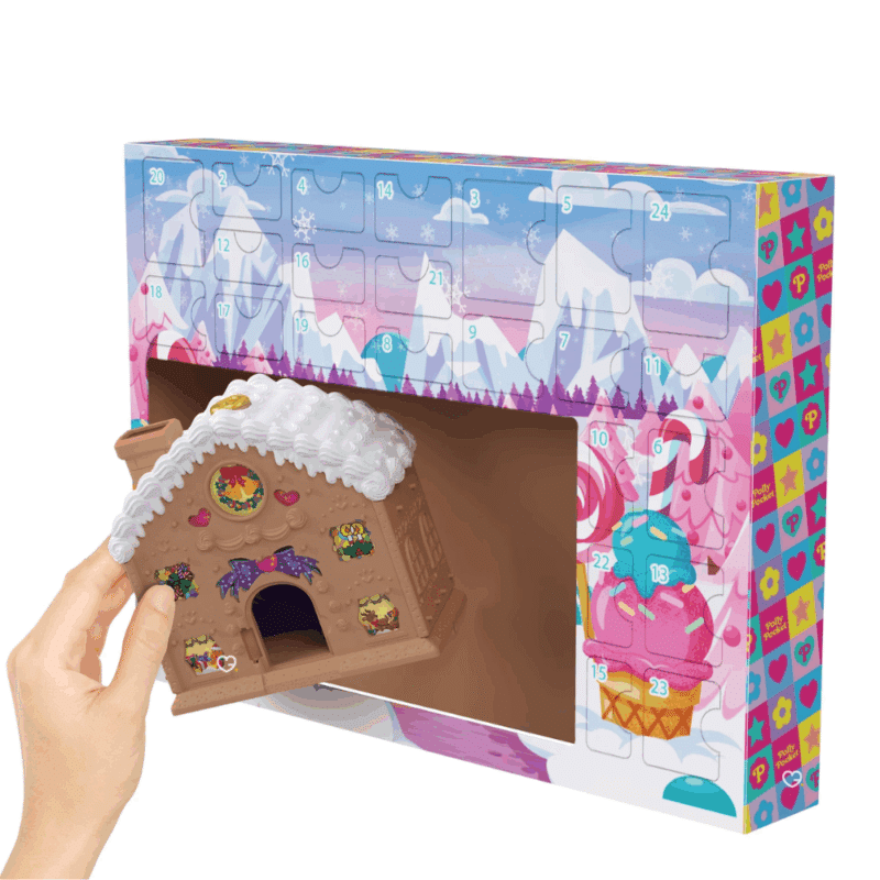 coffret jouet Calendrier de l’Avent Polly Pocket 2025 avec 24 surprises et mini-figurine, décor maison en pain d’épices, idéal pour fille de 4 ans.