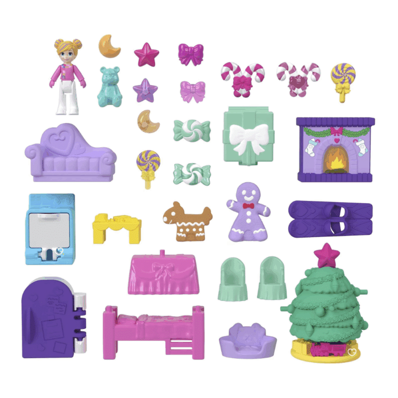 coffret jouet Calendrier de l’Avent Polly Pocket 2025 avec 24 surprises et mini-figurine, décor maison en pain d’épices, idéal pour fille de 4 ans.