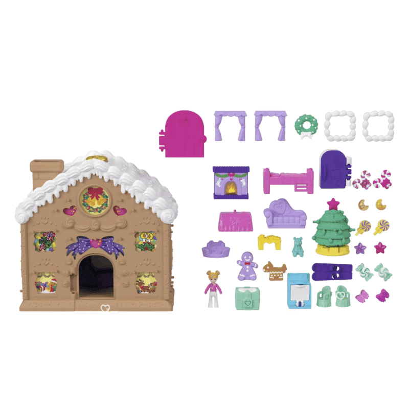 coffret jouet Calendrier de l’Avent Polly Pocket 2025 avec 24 surprises et mini-figurine, décor maison en pain d’épices, idéal pour fille de 4 ans.