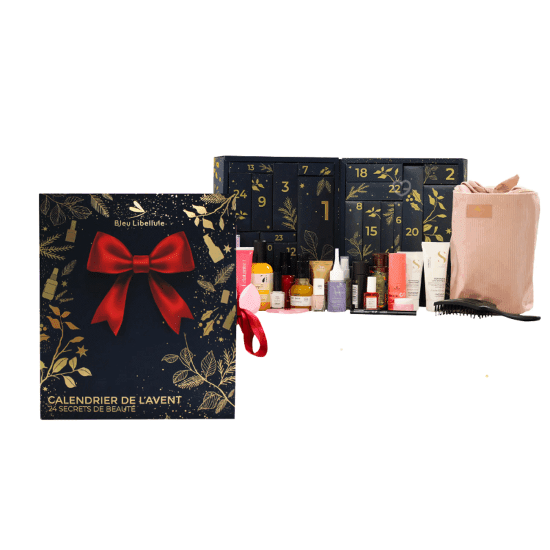 Calendrier de l’Avent Bleu Libellule 2025 avec 24 produits beauté premium : soins capillaires, maquillage, visage, ongles et accessoires, idéal cadeau femme et adolescente.
