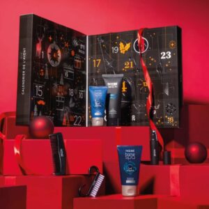 contenu complet coffret noir calendrier de l'avent Nocibe homme 2023 contenant 24 produits soins masculins visage et corps