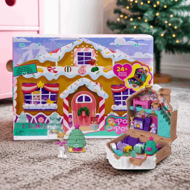 coffret jouet Calendrier de l’Avent Polly Pocket 2025 avec 24 surprises et mini-figurine, décor maison en pain d’épices, idéal pour fille de 4 ans.