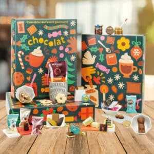 calendrier de l'avent chocolat gourmand 2023 décoré esprit noel contenant 24 surprises chocolatées truffe, guimauve, pate a tartiner