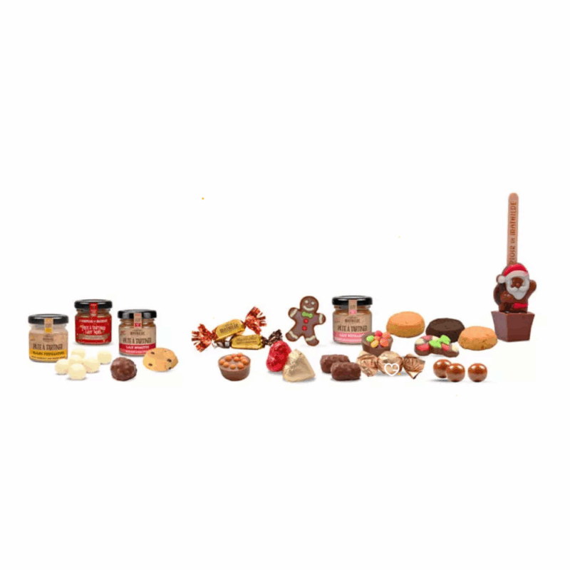 Calendrier de l’Avent Le Comptoir de Mathilde 2025 avec 24 gourmandises artisanales, chocolats fins et douceurs pour amateurs de chocolat.