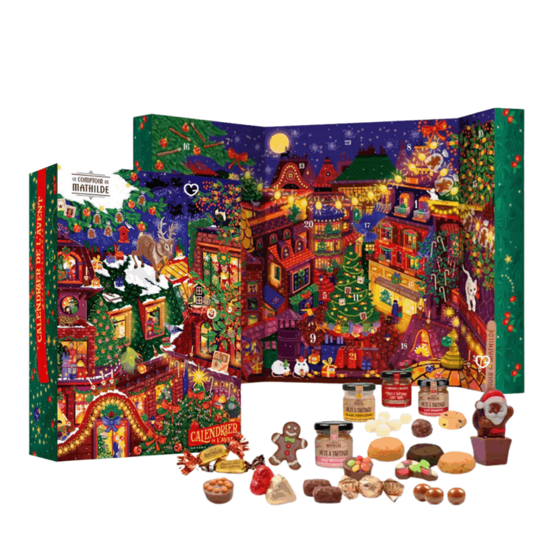 Calendrier de l’Avent Le Comptoir de Mathilde 2025 avec 24 gourmandises artisanales, chocolats fins et douceurs pour amateurs de chocolat.