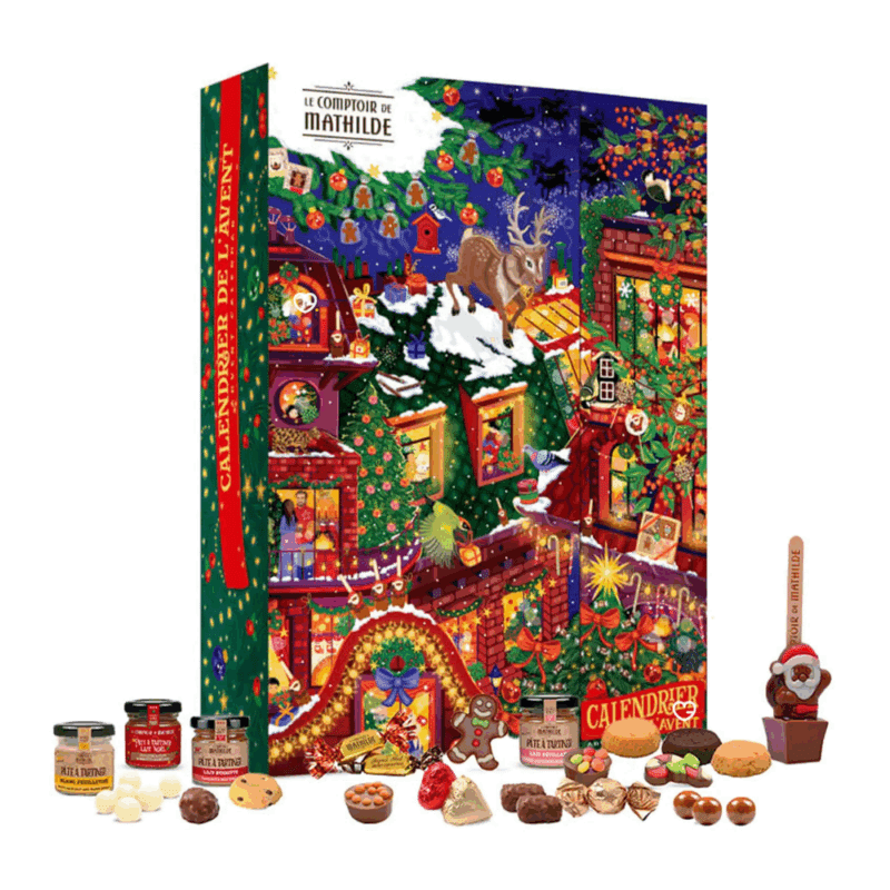 Calendrier de l’Avent Le Comptoir de Mathilde 2025 avec 24 gourmandises artisanales, chocolats fins et douceurs pour amateurs de chocolat.