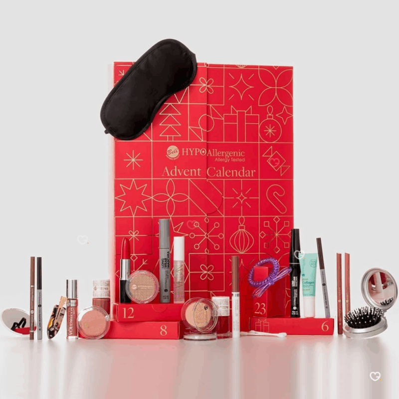 Calendrier de l’Avent Bell 2025 contenant 24 produits maquillage full size hypoallergéniques, idéal pour femme et adolescente passionnées de beauté sensible.