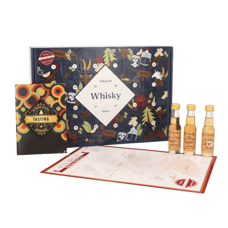 Calendrier de l’Avent Whisky Vita Dulcis 2025 contenant 24 whiskys écossais en mignonette de 20ml, livret et carte de dégustation, idéal pour amateur de spiritueux.
