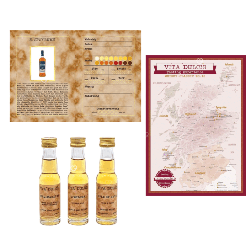 Calendrier de l’Avent Whisky Vita Dulcis 2025 contenant 24 whiskys écossais en mignonette de 20ml, livret et carte de dégustation, idéal pour amateur de spiritueux.