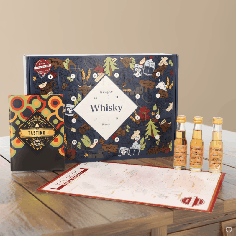 Calendrier de l’Avent Whisky Vita Dulcis 2025 contenant 24 whiskys écossais en mignonette de 20ml, livret et carte de dégustation, idéal pour amateur de spiritueux.