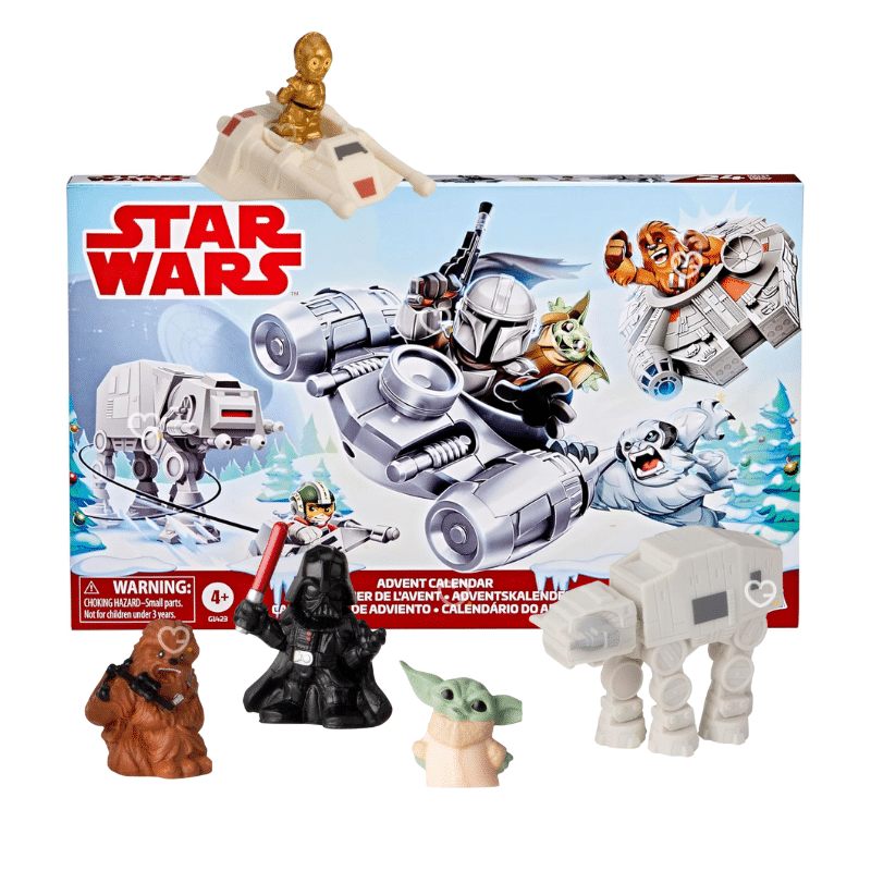 Calendrier de l’Avent Star Wars Micro Force 2025 avec 24 surprises dont 18 mini-figurines et 6 véhicules, décor enneigé pop-up festif idéal pour enfants fans de Star Wars.