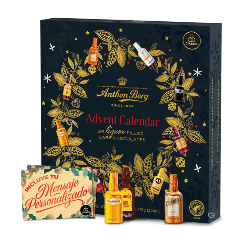 Calendrier de l’Avent Anthon Berg 2025 avec 24 chocolats remplis de liqueurs fines, coffret élégant pour adultes gourmets amateurs de spiritueux.