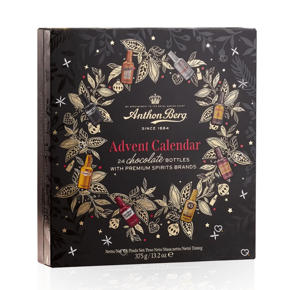 Calendrier de l’Avent Anthon Berg 2025 avec 24 chocolats remplis de liqueurs fines, coffret élégant pour adultes gourmets amateurs de spiritueux.