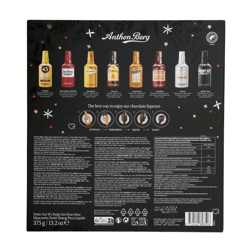 Calendrier De L'Avent Anthon Berg 2025 - 24 Mini Bouteilles Chocolat Noir - Format Livre, Carte Personnalisable