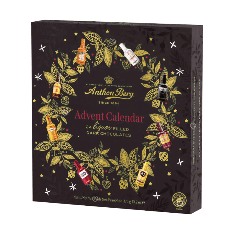 Calendrier de l’Avent Anthon Berg 2025 avec 24 chocolats remplis de liqueurs fines, coffret élégant pour adultes gourmets amateurs de spiritueux.