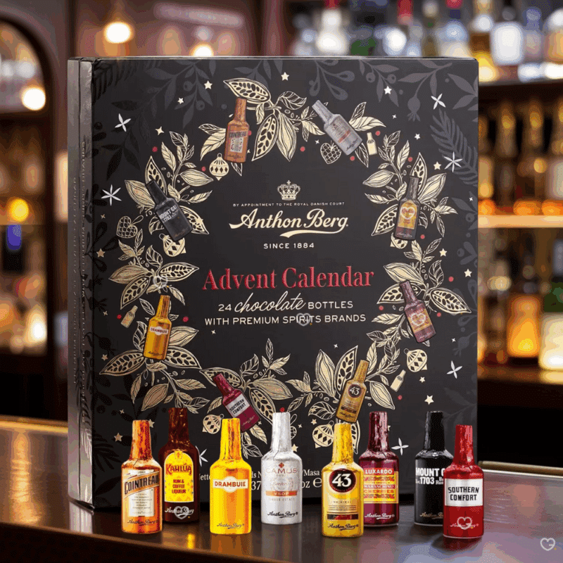 Calendrier de l’Avent Anthon Berg 2025 avec 24 chocolats remplis de liqueurs fines, coffret élégant pour adultes gourmets amateurs de spiritueux.