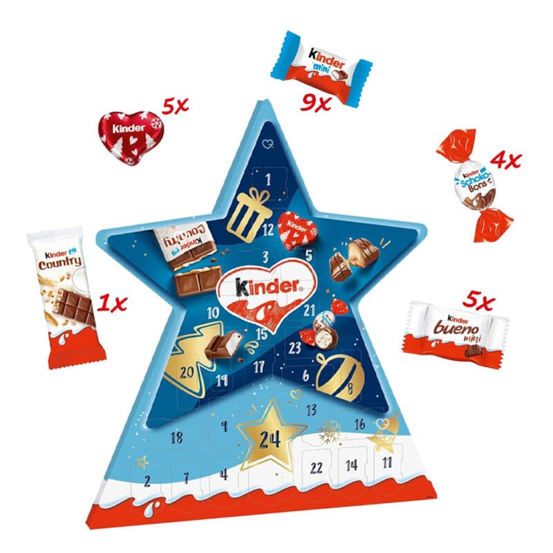 coffret etoile Calendrier de l'Avent Kinder 2024 contenant 24 chocolats au lait