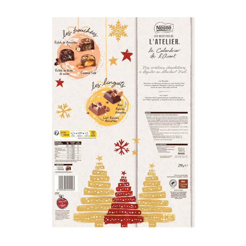 Calendrier de l'Avent Chocolat Nestlé Atelier 2025 Noisette, Fèves de Cacao, Caramel salé, chocolat noir