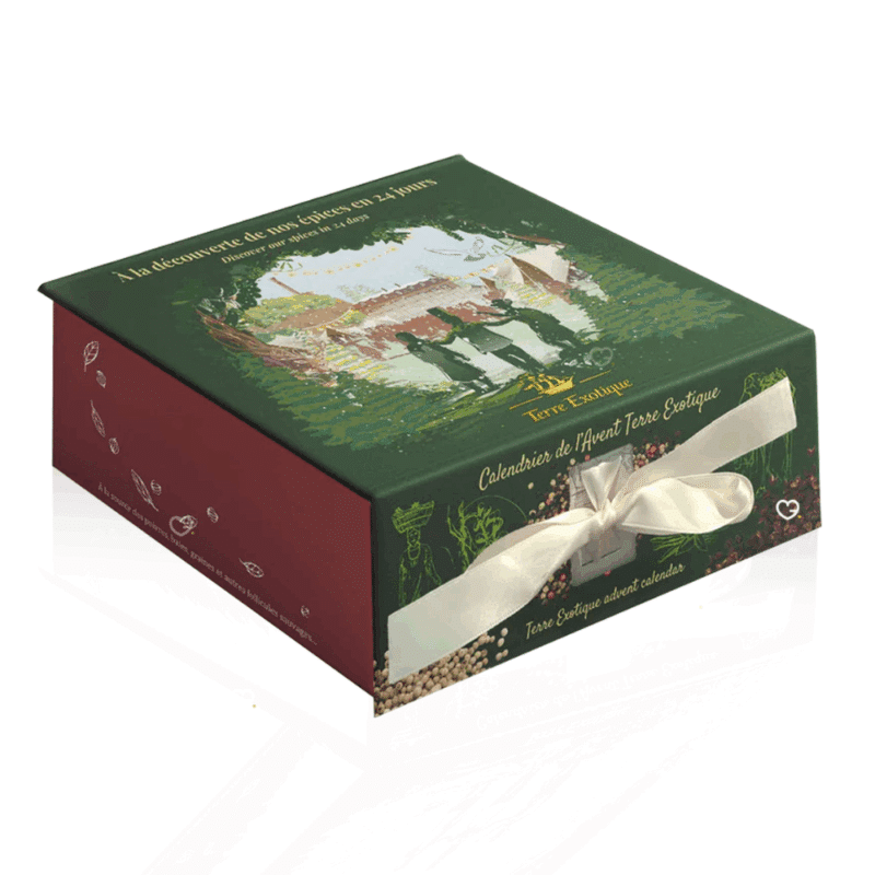Calendrier de l’Avent Terre exotique 2025 contenant 24 épices et mélanges du monde, coffret illustré festif pour gastronomes et gourmand curieux.