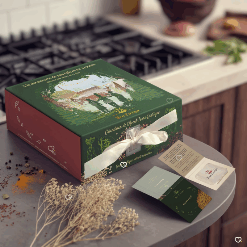 Calendrier de l’Avent Terre exotique 2025 contenant 24 épices et mélanges du monde, coffret illustré festif pour gastronomes et gourmand curieux.