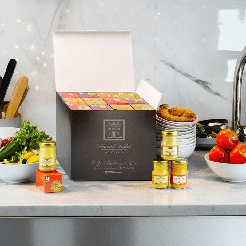 Calendrier de l'Avent original gourmand 2024 avec 24 pots de Moutarde Fallot