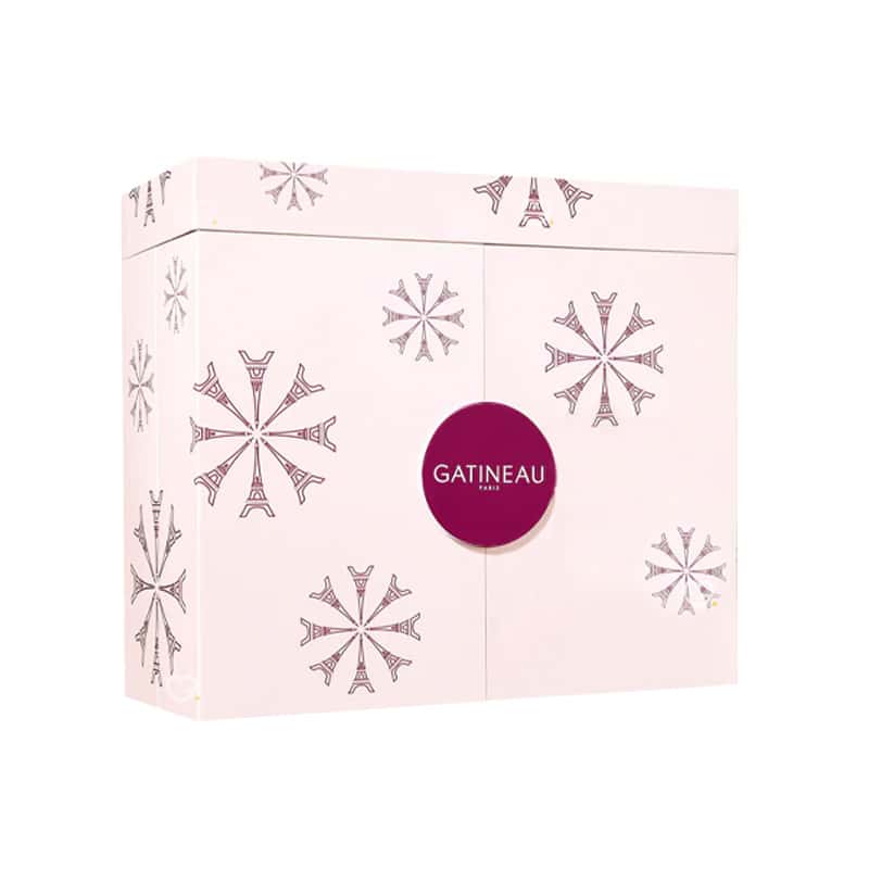 Calendrier de l'Avent Gatineau 2024 dans un coffret beauté rose, contenant 12 produits de soins du visage haut de gamme
