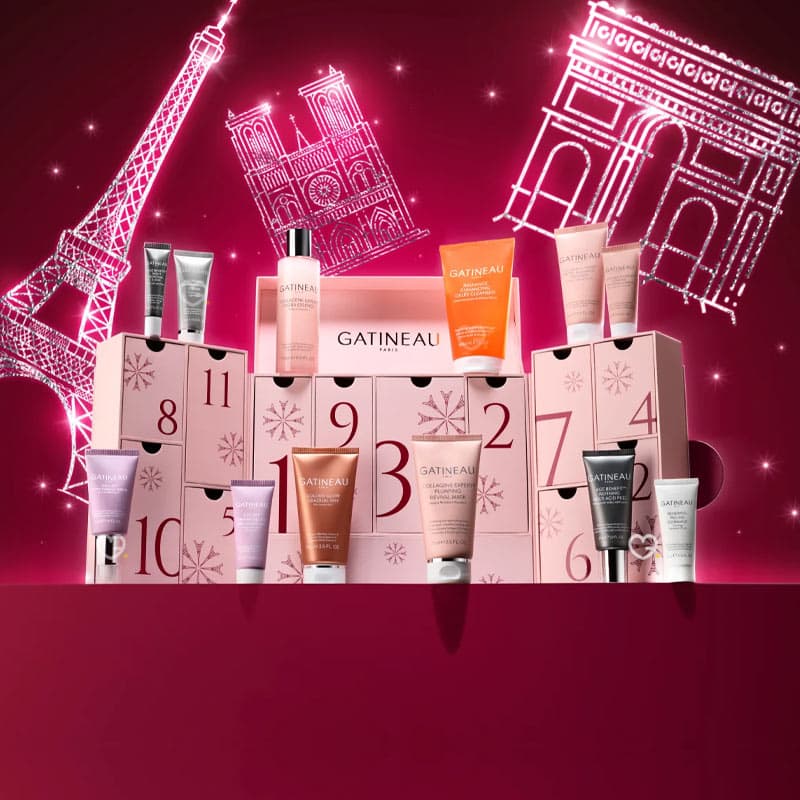 Calendrier de l'Avent Gatineau 2024 dans un coffret beauté rose, contenant 12 produits de soins du visage haut de gamme