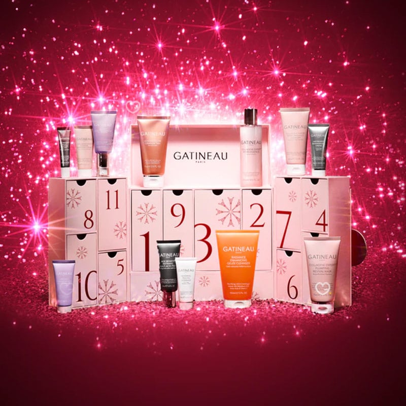 Calendrier de l'Avent Gatineau 2024 dans un coffret beauté rose, contenant 12 produits de soins du visage haut de gamme