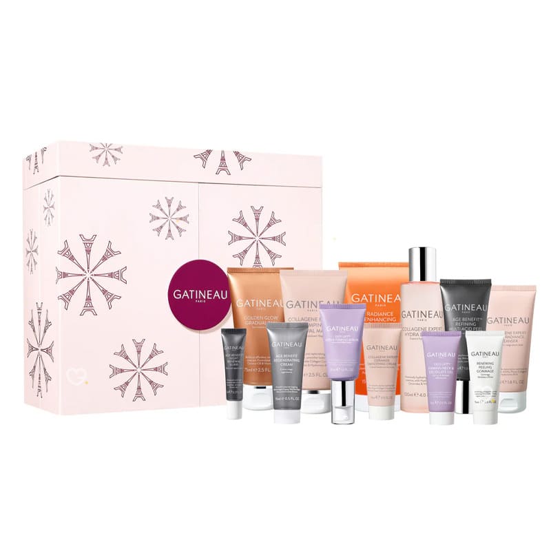 Calendrier de l'Avent Gatineau 2024 dans un coffret beauté rose, contenant 12 produits de soins du visage haut de gamme