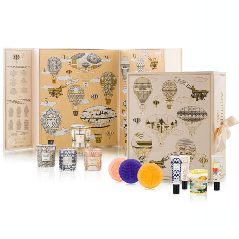 Coffret bougie luxe calendrier de l'avent Baobab 2024 avec 24 mini bougies parfumées, crème mains et savons