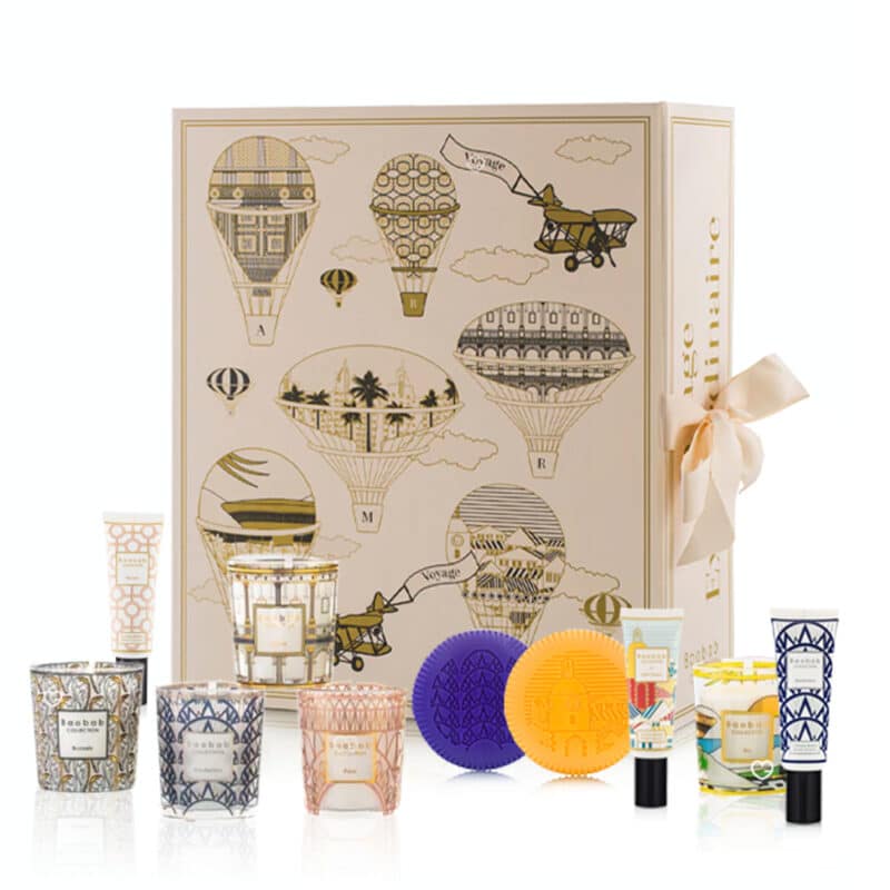Coffret bougie luxe calendrier de l'avent Baobab 2024 avec 24 mini bougies parfumées, crème mains et savons
