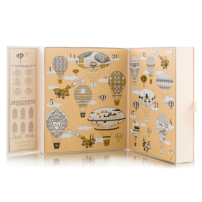 Coffret bougie luxe calendrier de l'avent Baobab 2024 avec 24 mini bougies parfumées, crème mains et savons