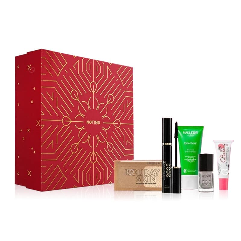 Coffret beauté rouge Calendrier de l'avent Notino 2024 contenant 24 produits de beauté multimarque soins visage corps cheveux maquillage