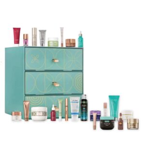 contenu complet calendrier de l'avent asambeauty 2023 version premium coffret luxueux en turquoise et or contenant 24 produits de beauté pour des soins visage, corps, cheveux et maquillage