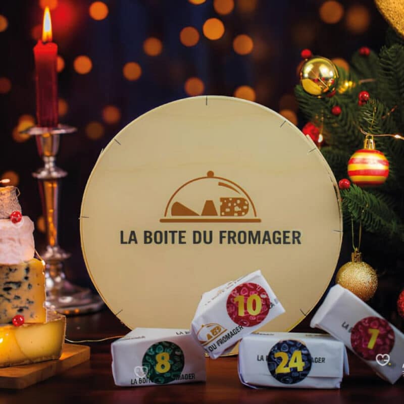 Coffret bois rond Calendrier de l'avent fromage 2024 la boite du Fromager contenant 24 fromages différents