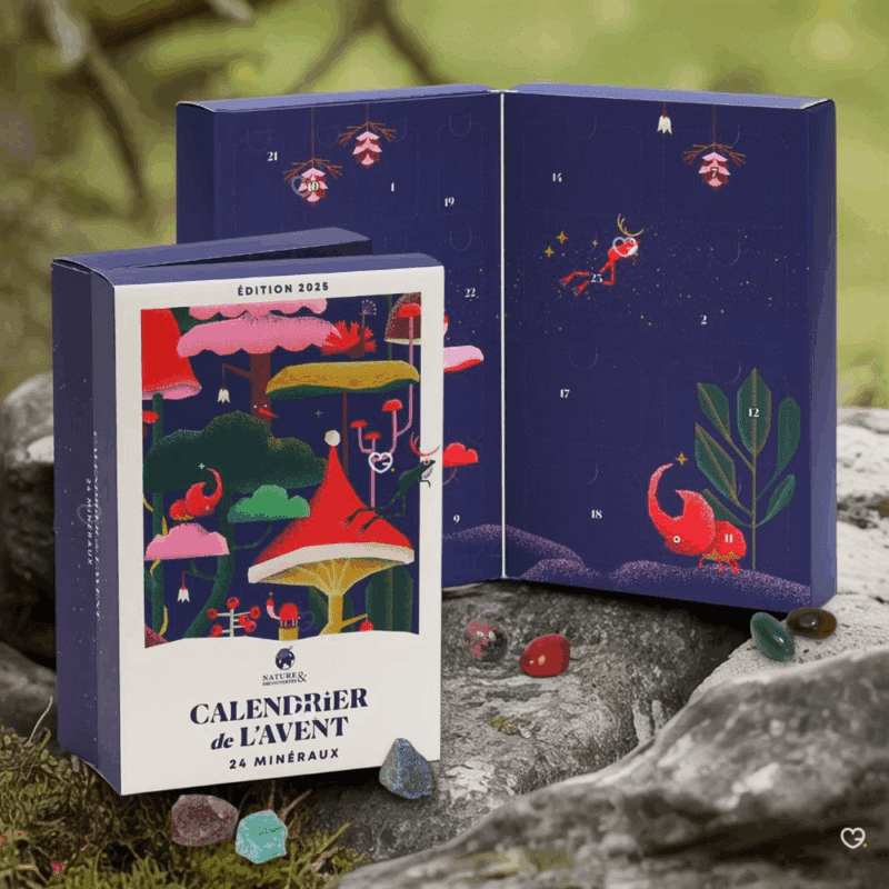 Calendrier de l’Avent Lithothérapie 2025 avec 24 pierres naturelles et minéraux comme améthyste et quartz rose, idéal pour adultes amateurs de bien-être