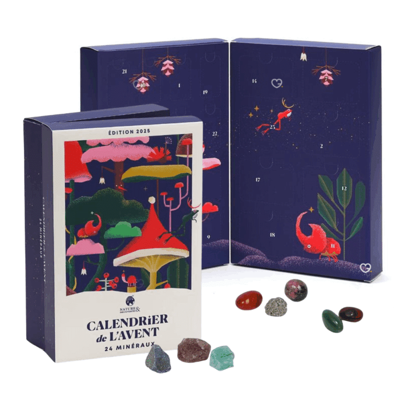 Calendrier de l’Avent Lithothérapie 2025 avec 24 pierres naturelles et minéraux comme améthyste et quartz rose, idéal pour adultes amateurs de bien-être