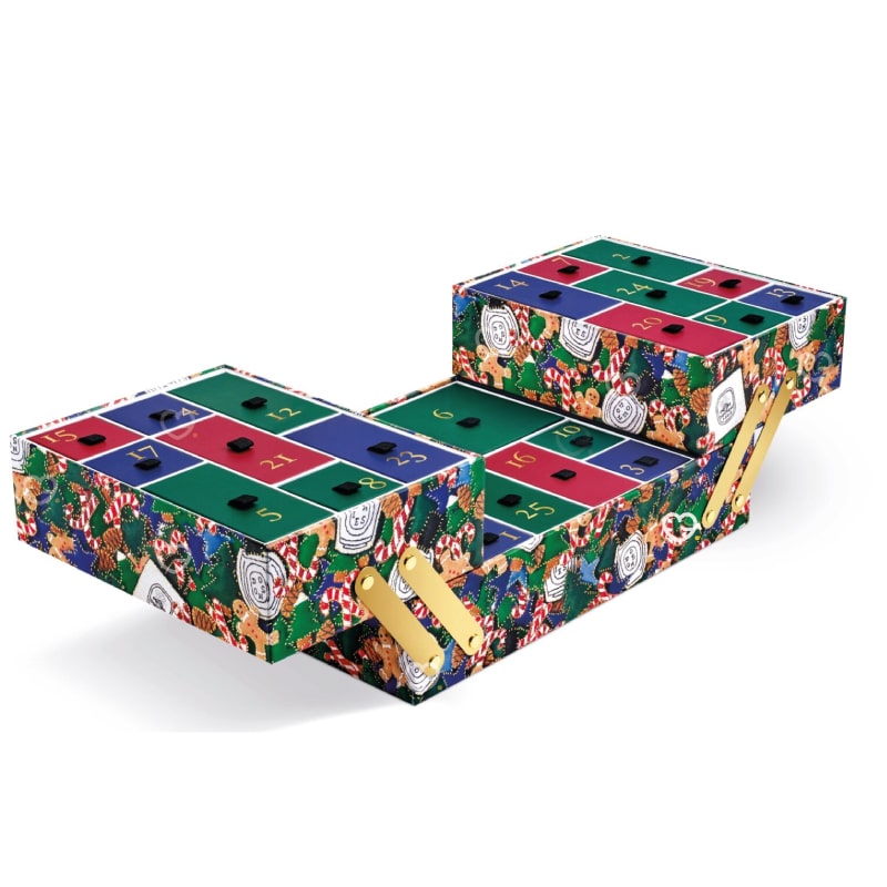 coffret beauté luxe ouvert calendrier de l'avent diptyque 2024 contenant bougies, soins corps et parfums