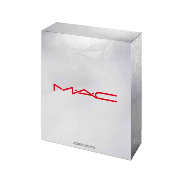 calendrier de l'avent mac cosmetics 2023 coffret gris et rouge contenant 24 produits beauté de maquillage