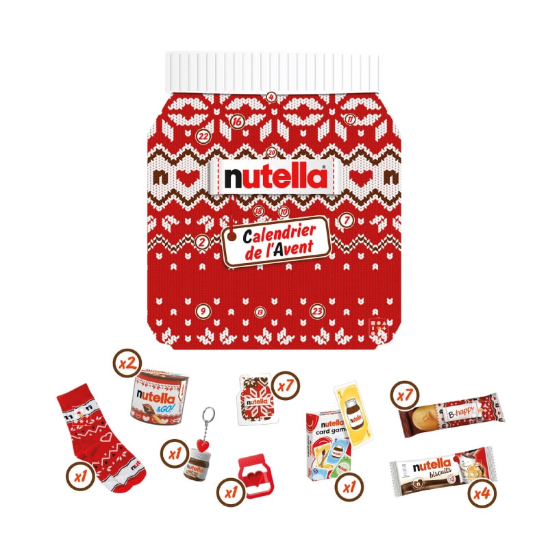 coffret gourmand forme pot de nutella décor pull de noel calendrier de l'avent nutella 2023 remplit de friandises chocolat