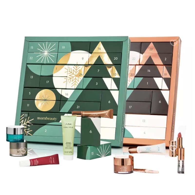 coffrets beauté vert et or calendriers de l'avent asambeauty 2024 avec 24 produits de soins visage et corps ou maquillage