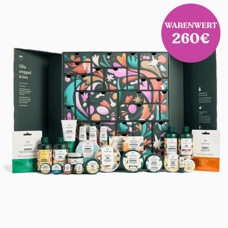 Calendrier de l’Avent The Body Shop Ultime 2025 avec 25 soins beauté taille réelle, crèmes, beurres et masques pour femme cocooning.