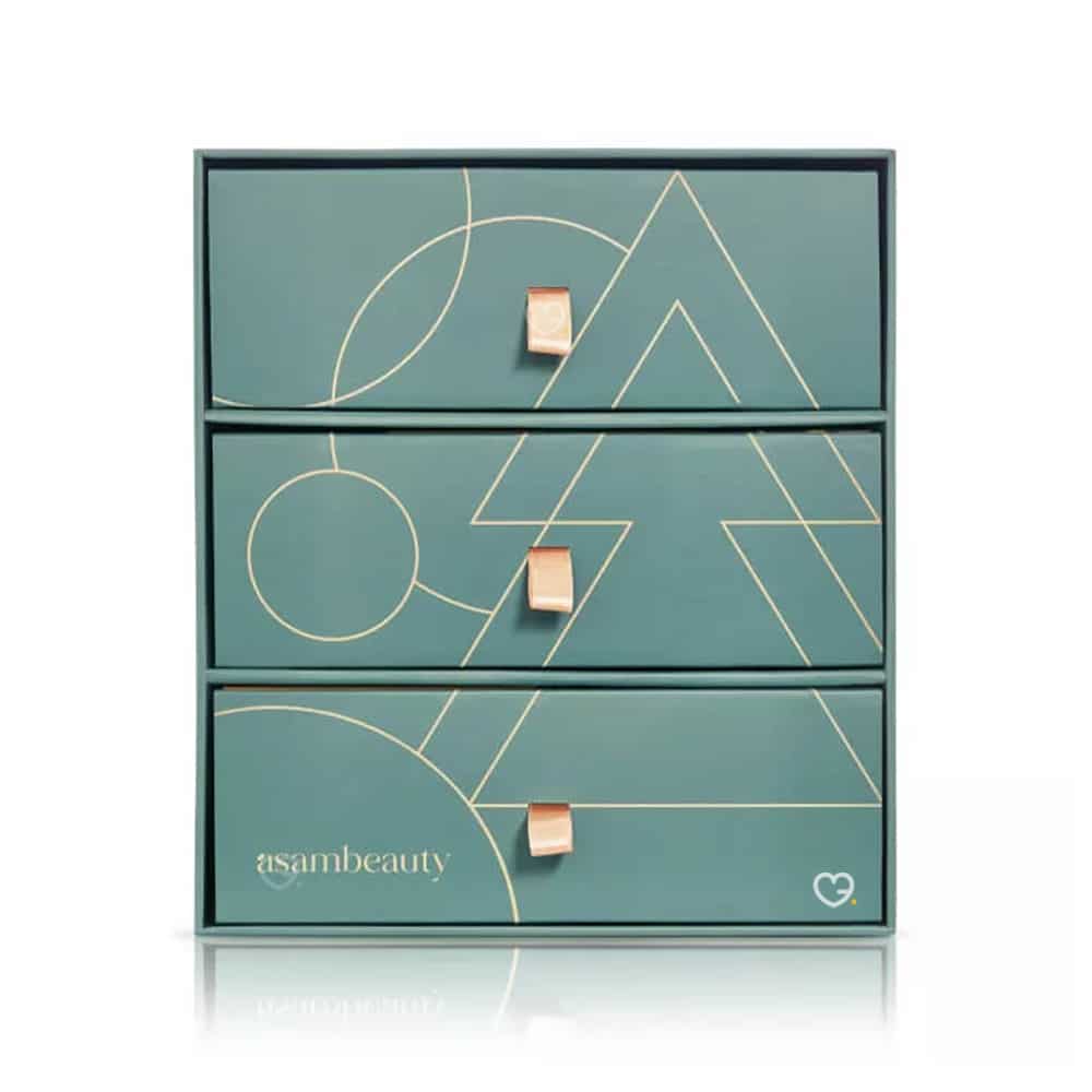 calendrier de l'avent asambeauty 2024 version premium coffret luxueux en turquoise et or contenant 24 produits de beauté pour des soins visage, corps, cheveux et maquillage