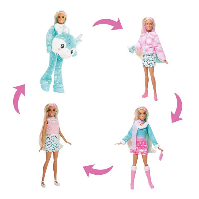 Calendrier de l'Avent Barbie Cutie Reveal avec des fenêtres colorées prêtes à être ouvertes, mettant en avant une poupée Barbie et un cerf argenté pour les enfants fille