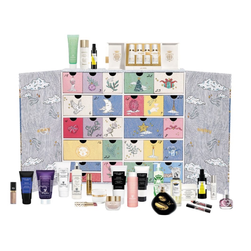 contenu complet du calendrier de l'avent sisley paris 2024 avec 25 tiroir contenant des produits de beauté, soins cosmétiques, soins visage, maquillage et soins capillaire