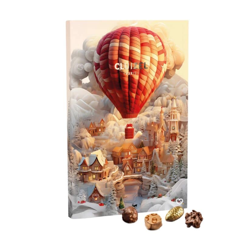 Coffret illustré voyage Calendrier de l'avent Cluizel 2024 contenant 24 délicieux chocolats